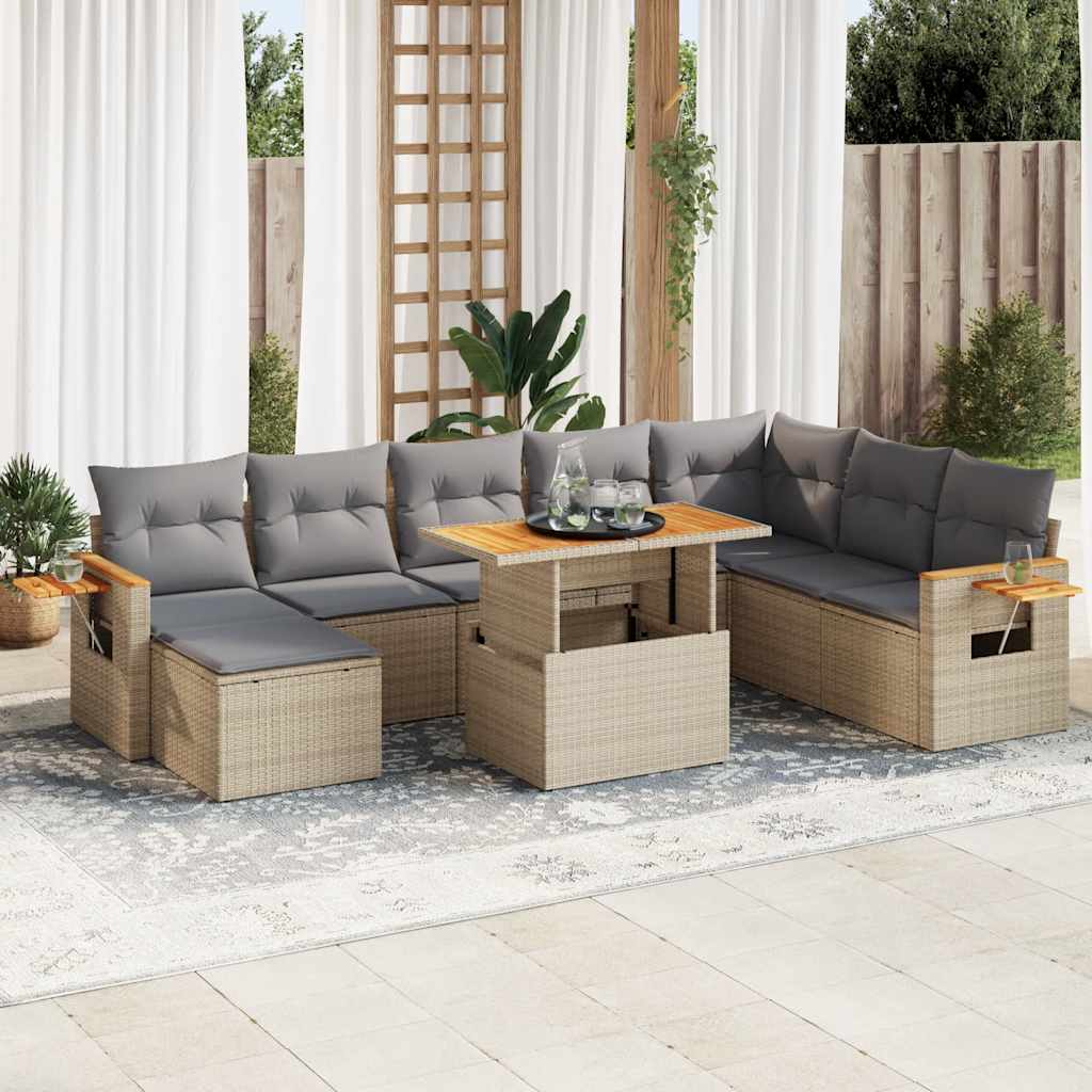 9-tlg. Garten-Sofagarnitur mit Kissen Schwarz Poly Rattan