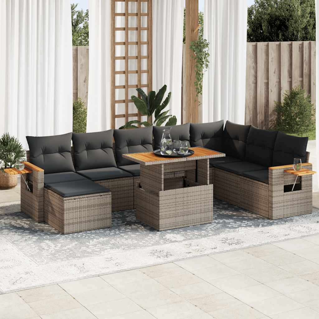 9-tlg. Garten-Sofagarnitur mit Kissen Schwarz Poly Rattan