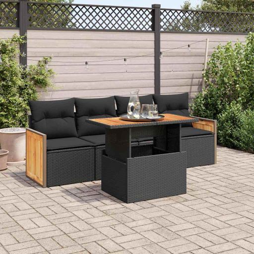 5-tlg. Garten-Sofagarnitur mit Kissen Schwarz Poly Rattan