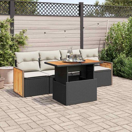 5-tlg. Garten-Sofagarnitur mit Kissen Schwarz Poly Rattan