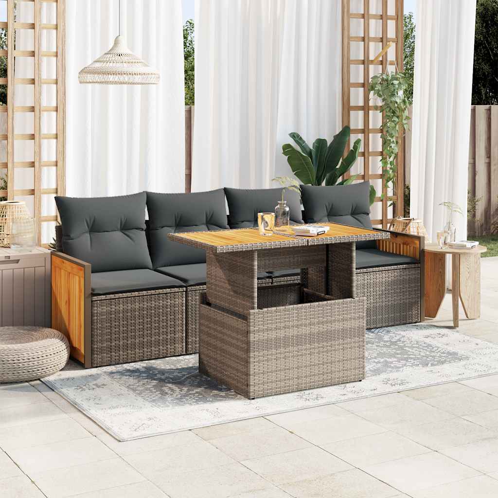 5-tlg. Garten-Sofagarnitur mit Kissen Schwarz Poly Rattan