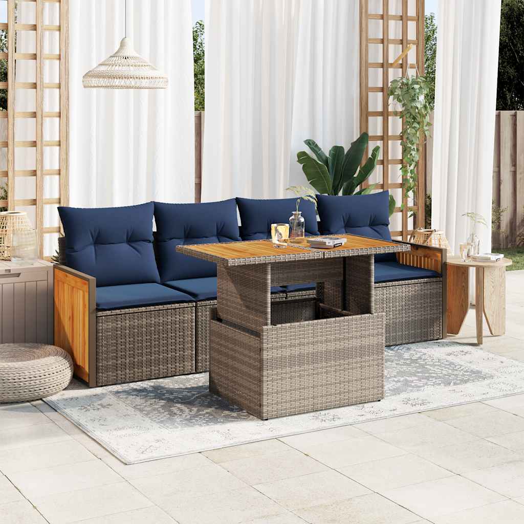 5-tlg. Garten-Sofagarnitur mit Kissen Schwarz Poly Rattan