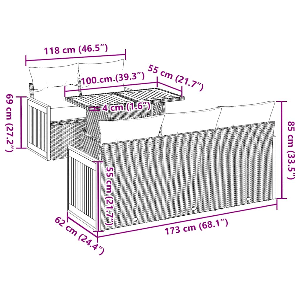 6-teiliges Gartensofa-Set mit Kissen, schwarz, Polyrattan, Akazie