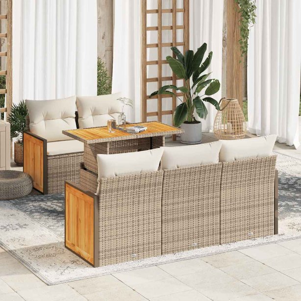 6-tlg. Garten-Sofagarnitur mit Kissen Schwarz Poly Rattan