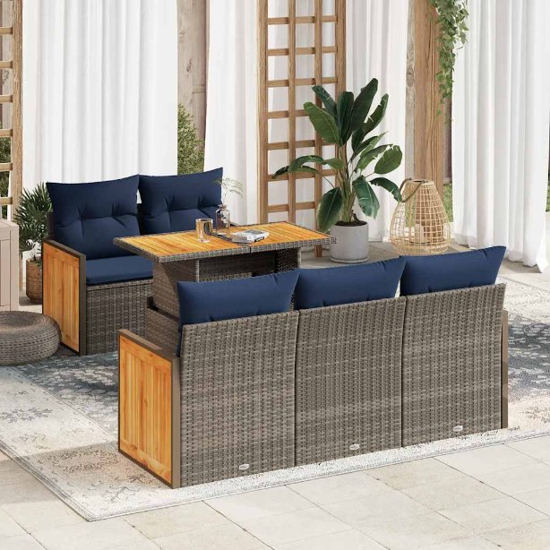 6-teiliges Gartensofa-Set mit Kissen, schwarz, Polyrattan, Akazie