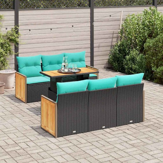 7-tlg. Garten-Sofagarnitur mit Kissen Schwarz Poly Rattan