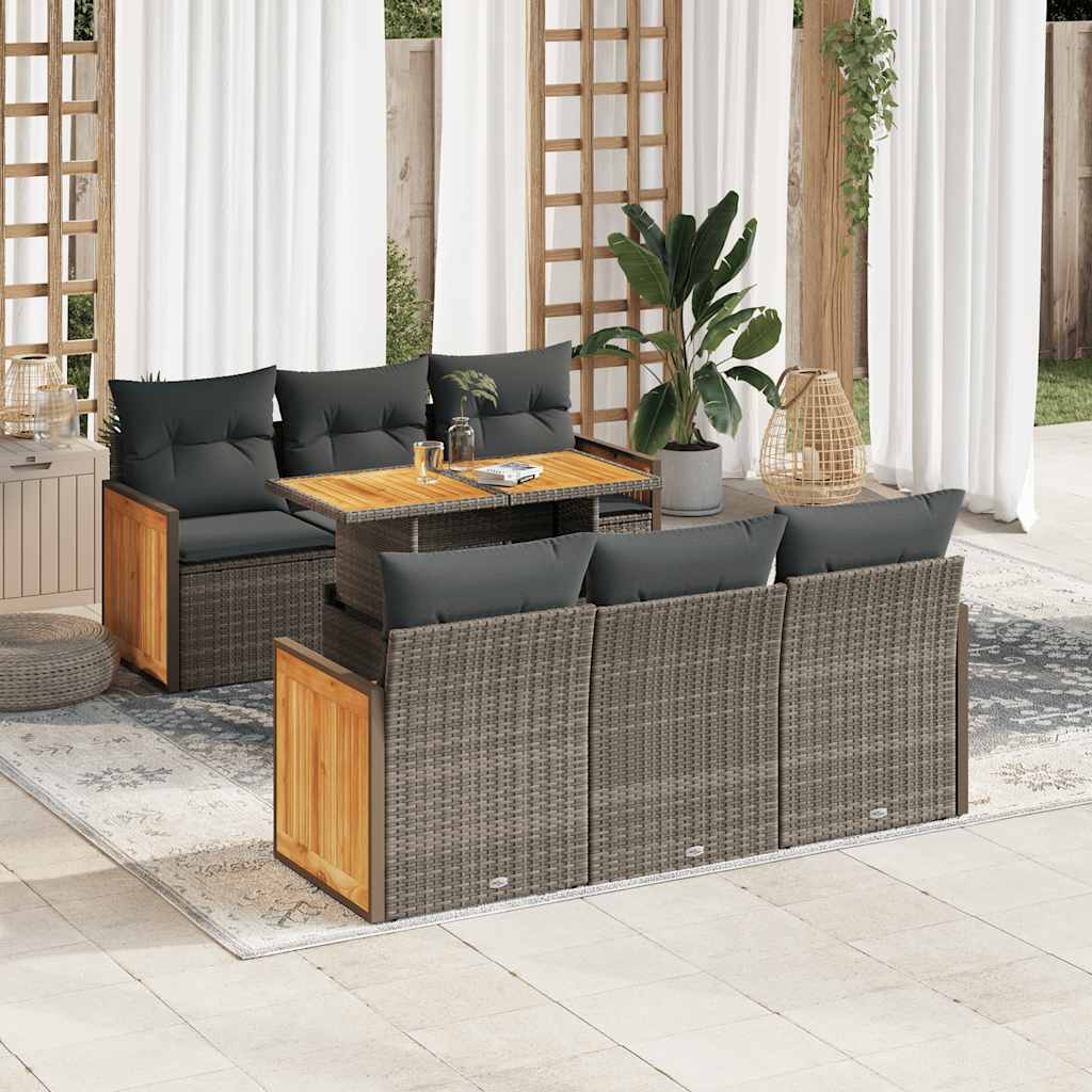 7-tlg. Garten-Sofagarnitur mit Kissen Schwarz Poly Rattan
