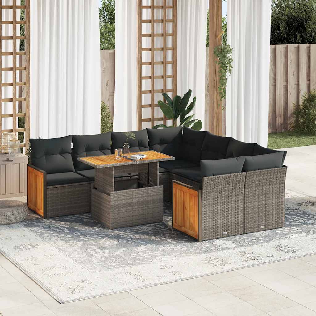 9-tlg. Garten-Sofagarnitur mit Kissen Schwarz Poly Rattan