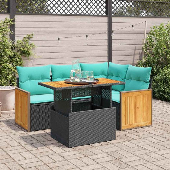 5-tlg. Garten-Sofagarnitur mit Kissen Schwarz Poly Rattan