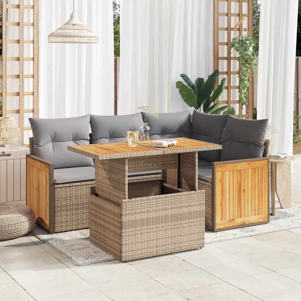 5-tlg. Garten-Sofagarnitur mit Kissen Schwarz Poly Rattan