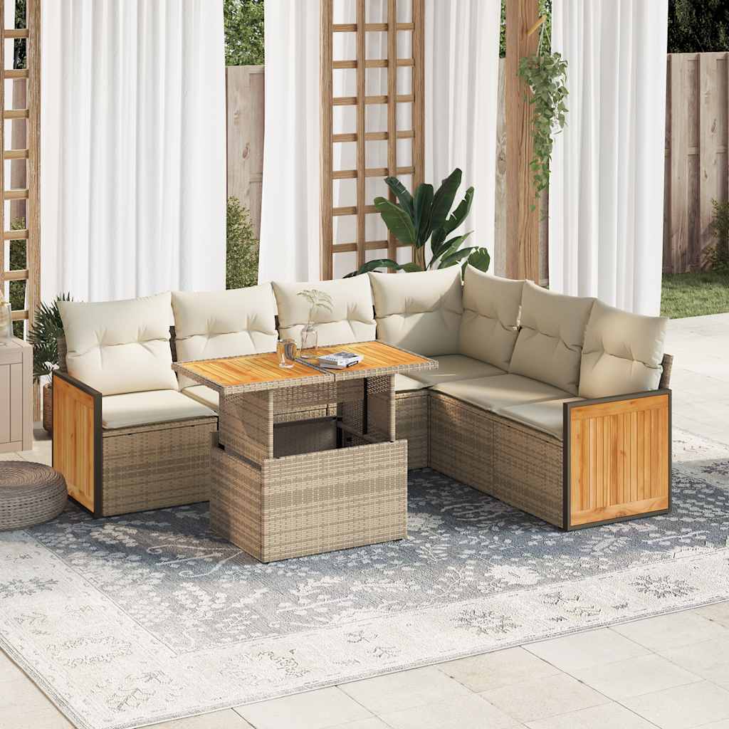 7-tlg. Garten-Sofagarnitur mit Kissen Schwarz Poly Rattan