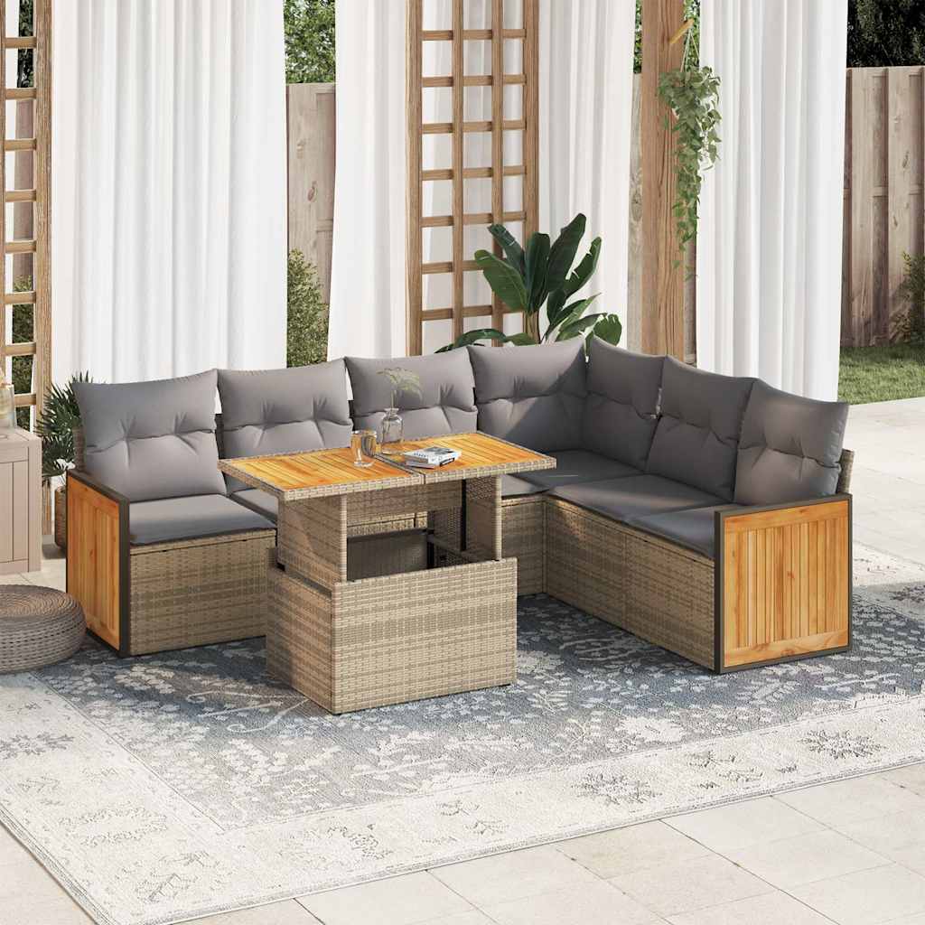 7-tlg. Garten-Sofagarnitur mit Kissen Schwarz Poly Rattan