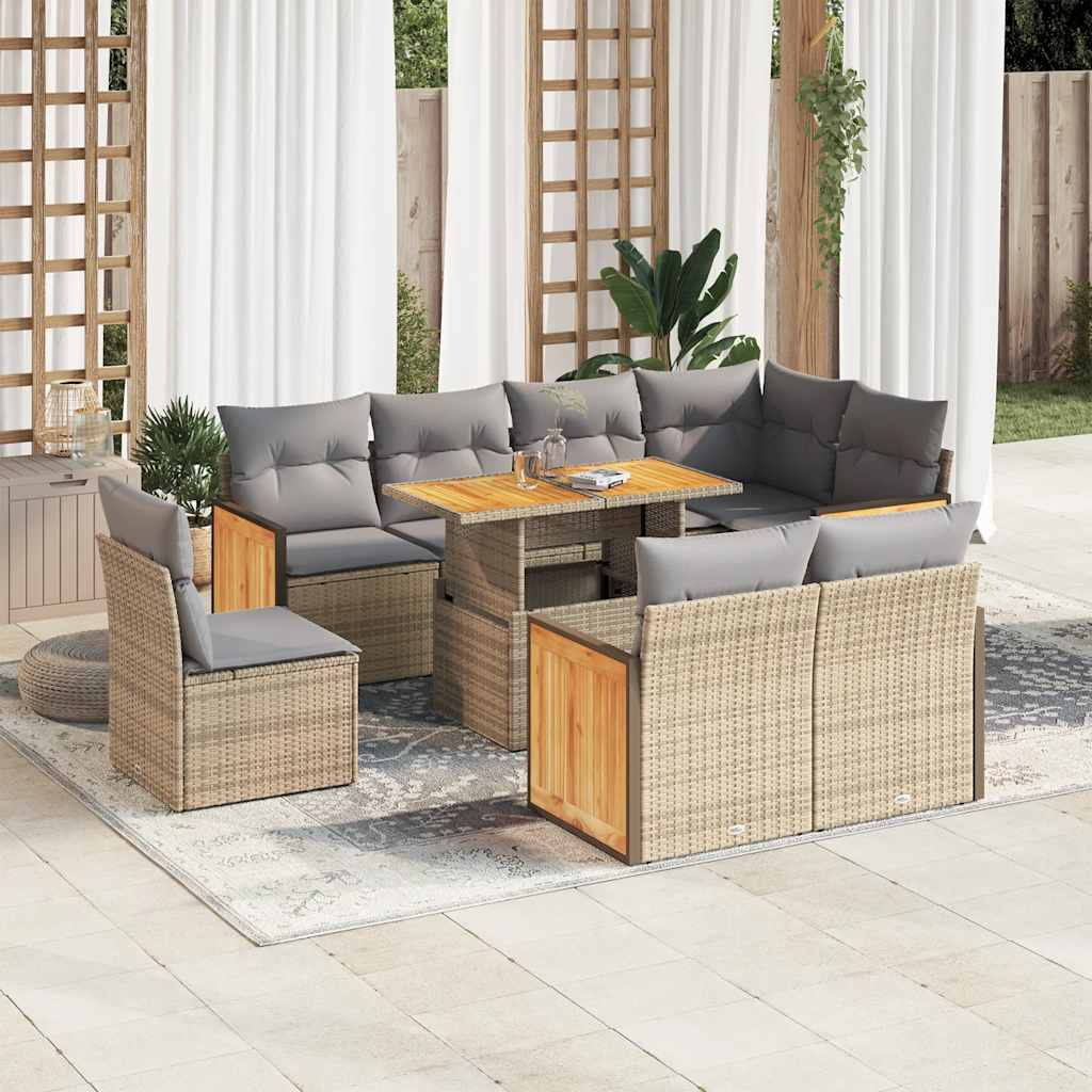 9-tlg. Garten-Sofagarnitur mit Kissen Schwarz Poly Rattan