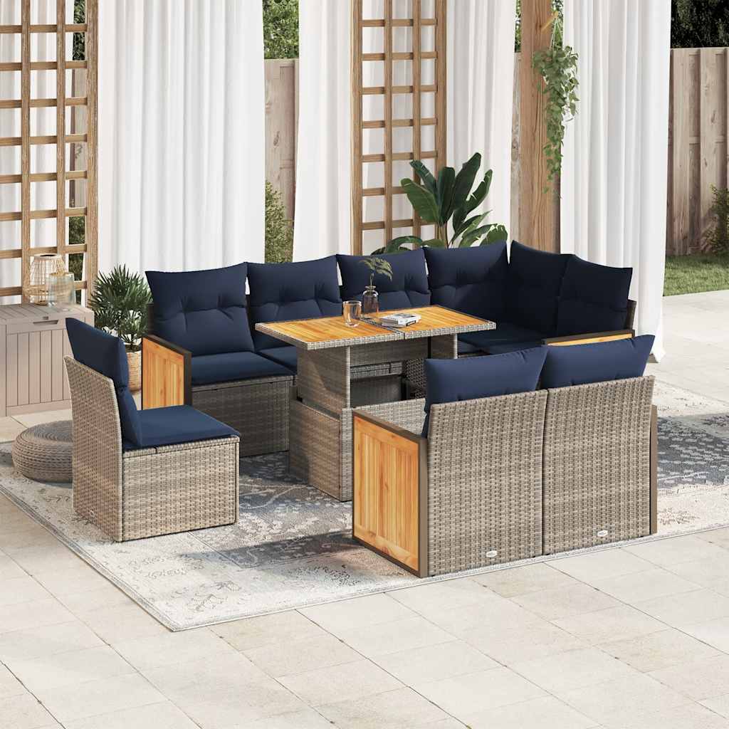 9-tlg. Garten-Sofagarnitur mit Kissen Schwarz Poly Rattan
