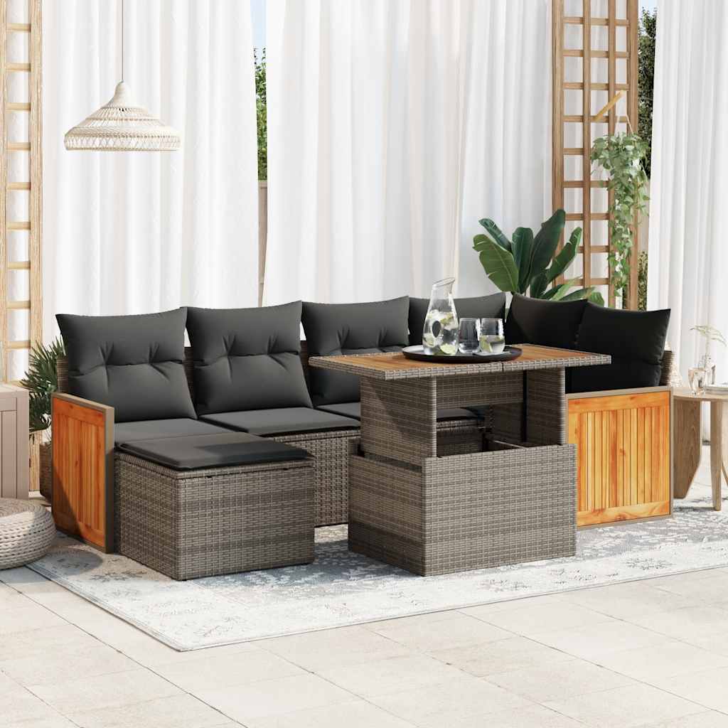 7-tlg. Garten-Sofagarnitur mit Kissen Schwarz Poly Rattan