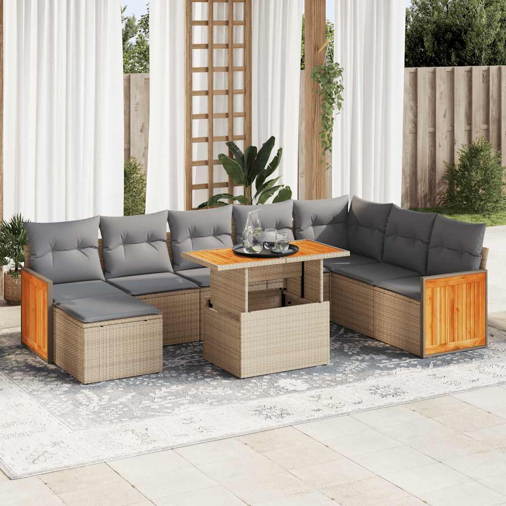 9-tlg. Garten-Sofagarnitur mit Kissen Schwarz Poly Rattan