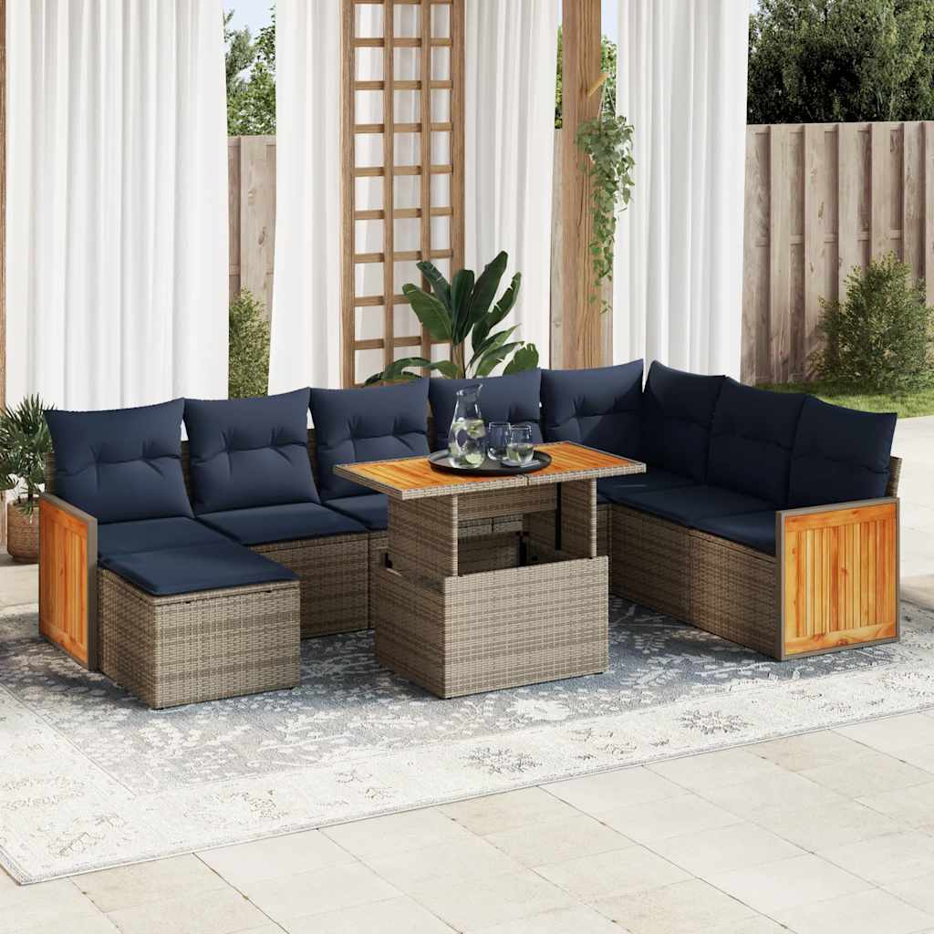 9-tlg. Garten-Sofagarnitur mit Kissen Schwarz Poly Rattan