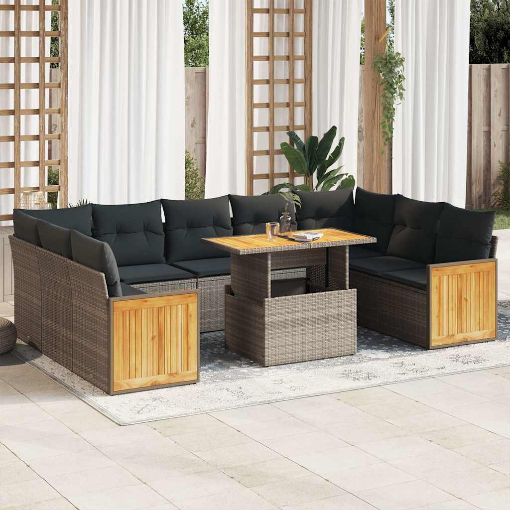 vidaXL 10-tlg. Garten-Sofagarnitur mit Kissen Schwarz Poly Rattan