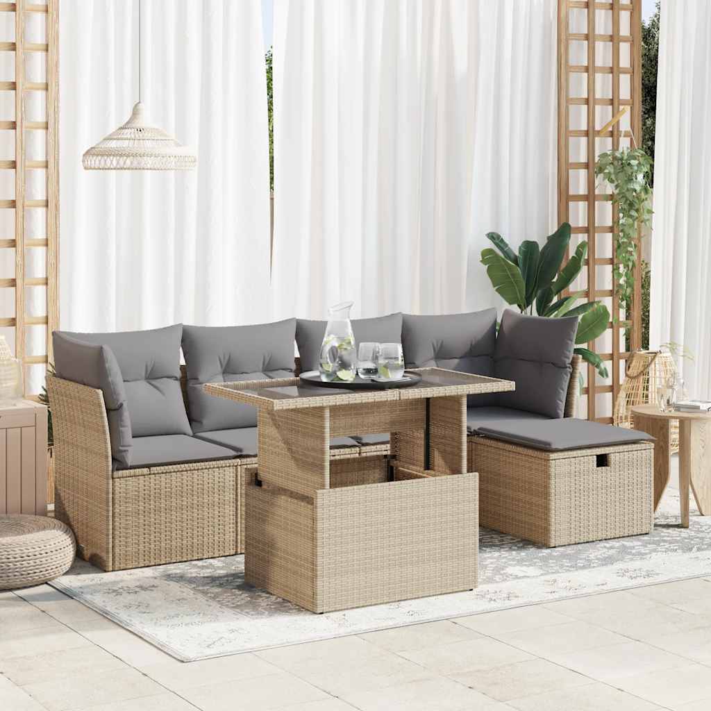 6-tlg. Garten-Sofagarnitur mit Kissen Schwarz Poly Rattan