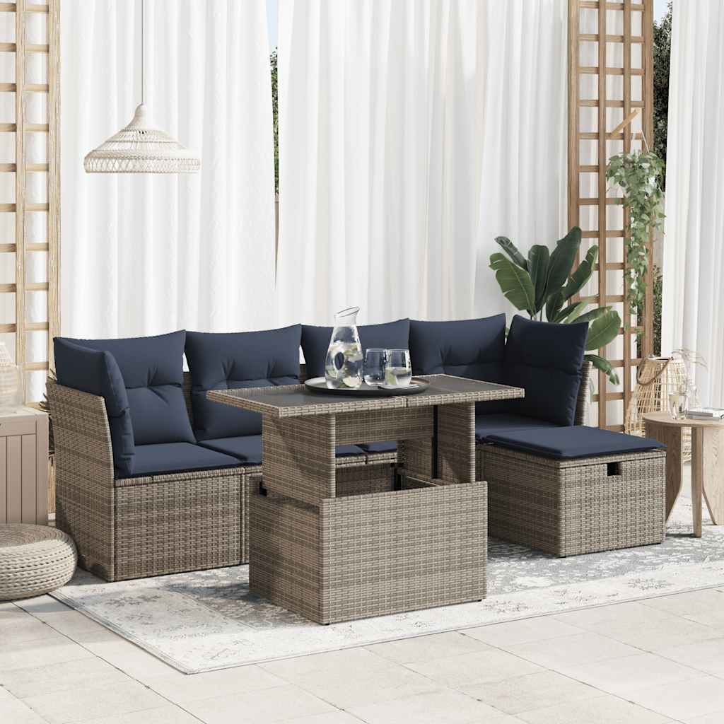 6-teiliges Gartensofa-Set mit Kissen, schwarzes Polyrattan
