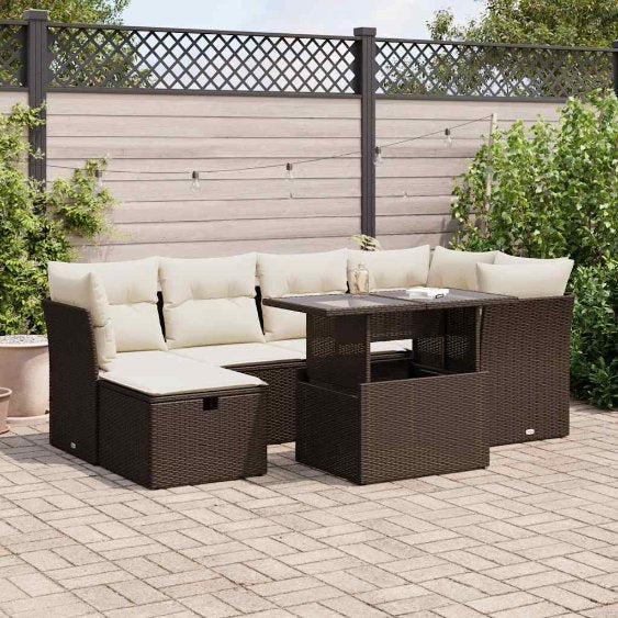 7-tlg. Garten-Sofagarnitur mit Kissen Schwarz Poly Rattan