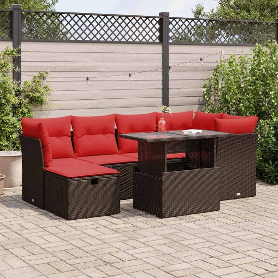 7-teiliges Gartensofa-Set mit Kissen, schwarzes Polyrattan