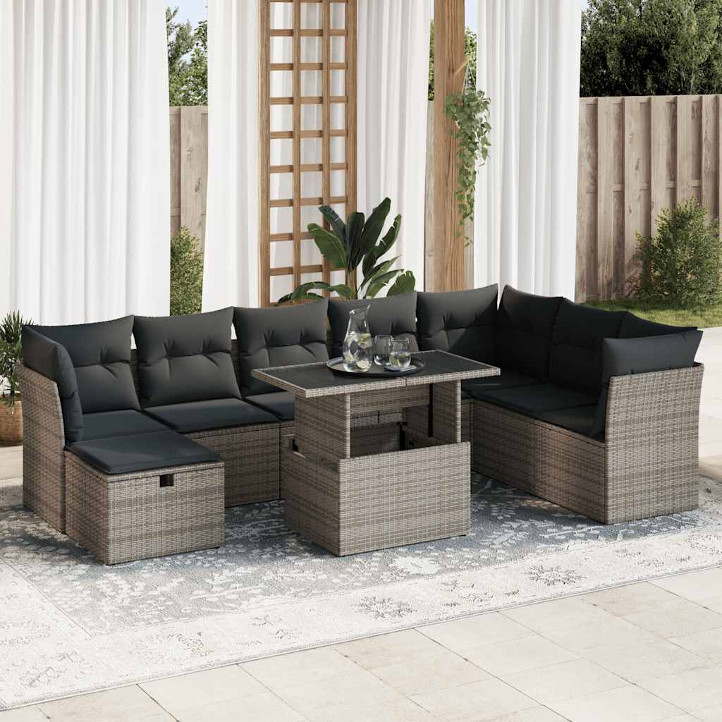 9-tlg. Garten-Sofagarnitur mit Kissen Schwarz Poly Rattan