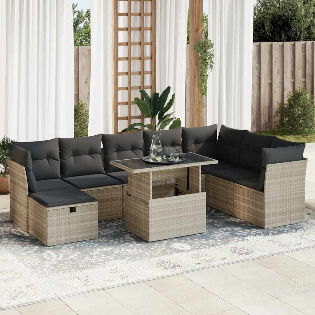 9-tlg. Garten-Sofagarnitur mit Kissen Schwarz Poly Rattan
