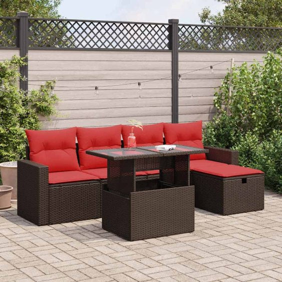 6-teiliges Gartensofa-Set mit Kissen, schwarzes Polyrattan