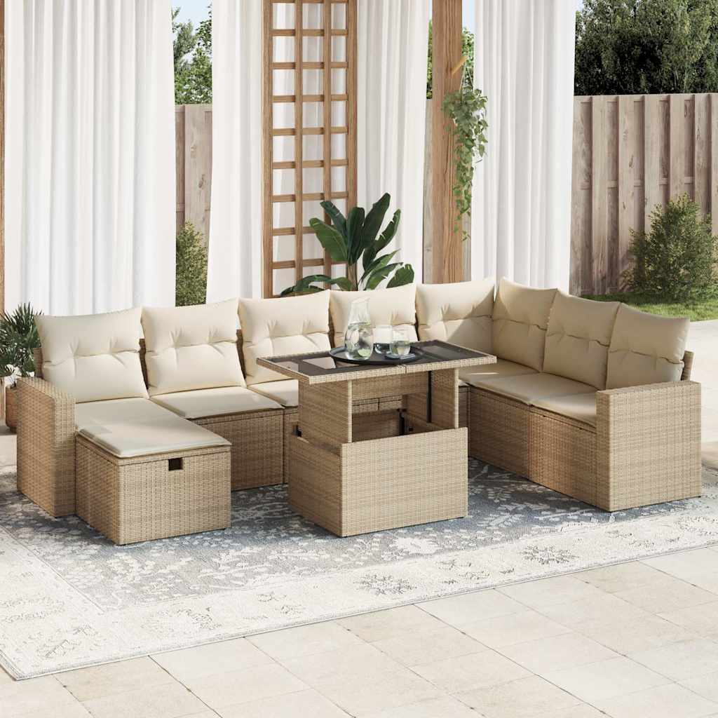 9-tlg. Garten-Sofagarnitur mit Kissen Schwarz Poly Rattan