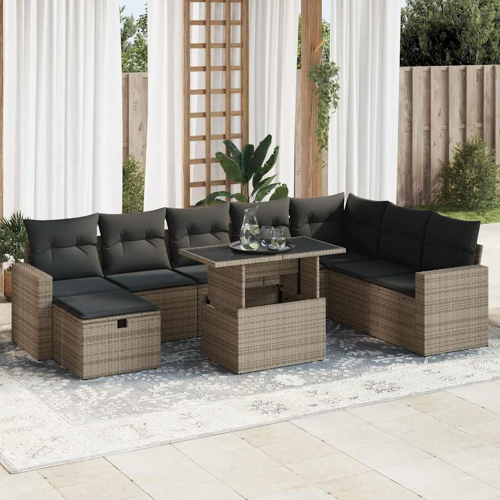 9-tlg. Garten-Sofagarnitur mit Kissen Schwarz Poly Rattan