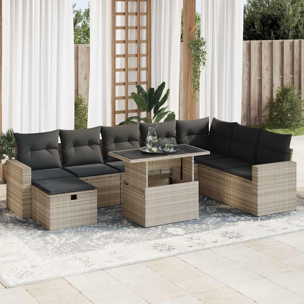 9-tlg. Garten-Sofagarnitur mit Kissen Schwarz Poly Rattan