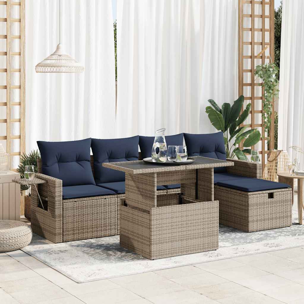 6-teiliges Gartensofa-Set mit Kissen, schwarzes Polyrattan