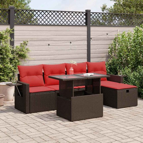 6-teiliges Gartensofa-Set mit Kissen, schwarzes Polyrattan