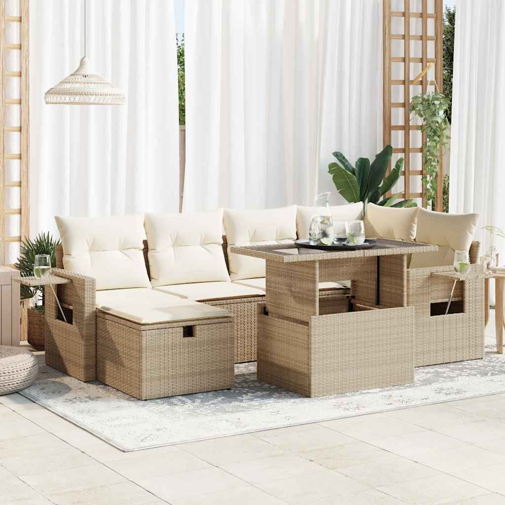 7-tlg. Garten-Sofagarnitur mit Kissen Schwarz Poly Rattan