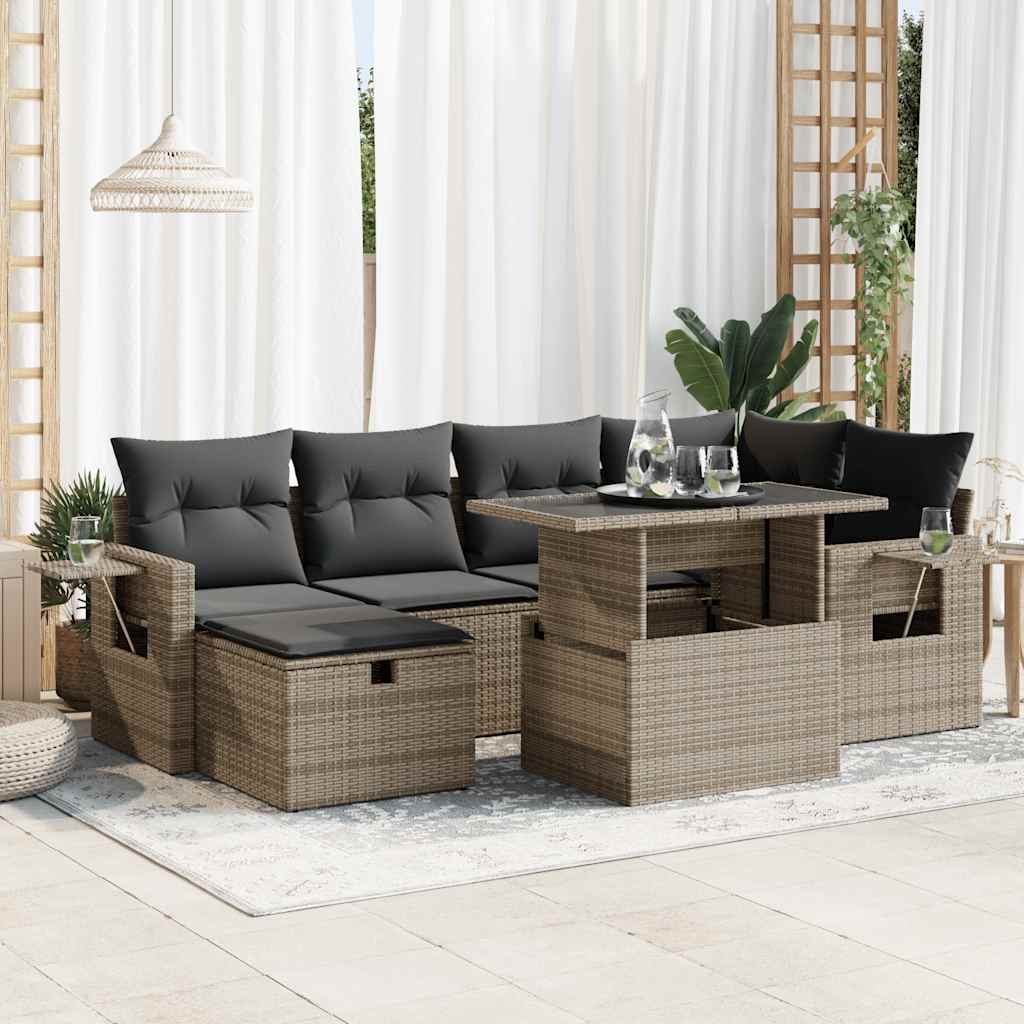 7-tlg. Garten-Sofagarnitur mit Kissen Schwarz Poly Rattan