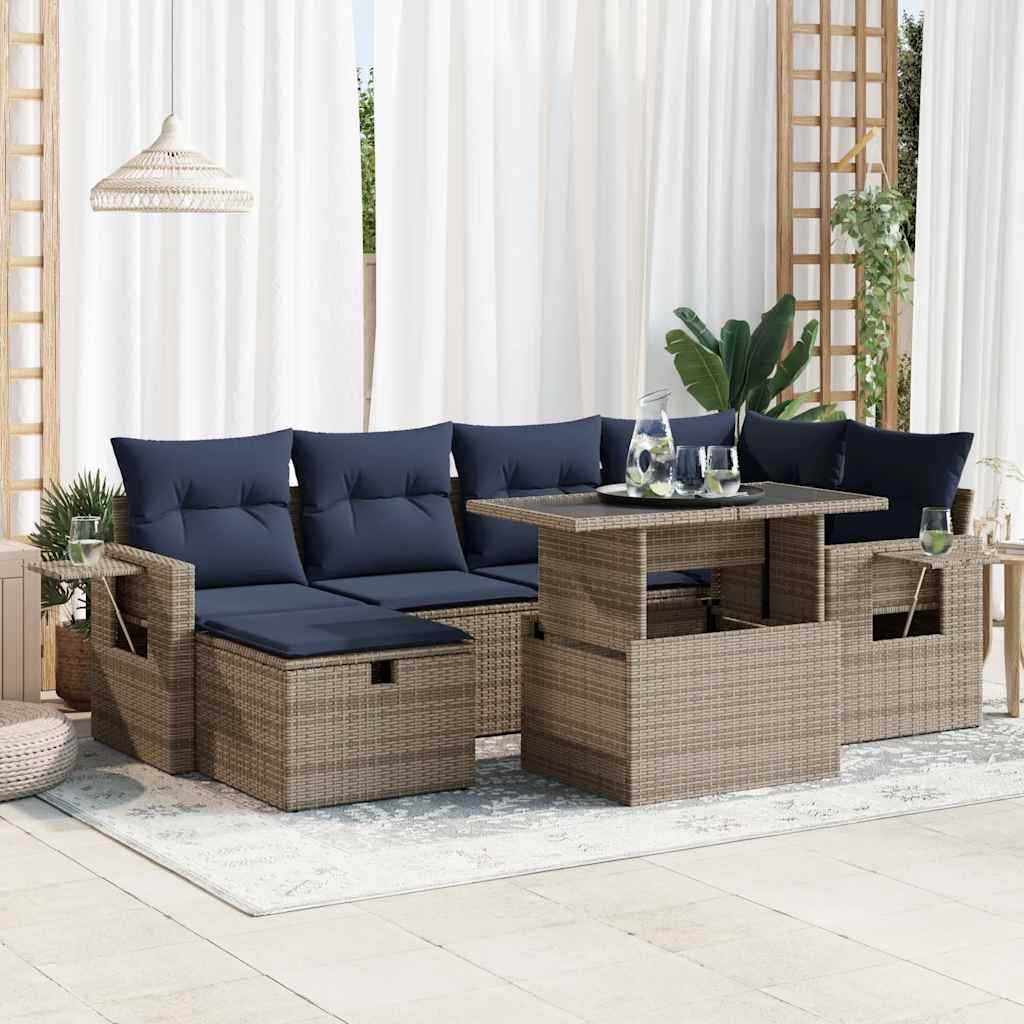 7-teiliges Gartensofa-Set mit Kissen, schwarzes Polyrattan