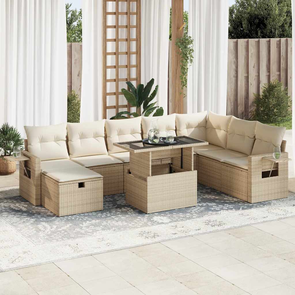 9-tlg. Garten-Sofagarnitur mit Kissen Schwarz Poly Rattan