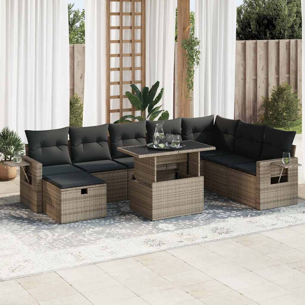 9-tlg. Garten-Sofagarnitur mit Kissen Schwarz Poly Rattan