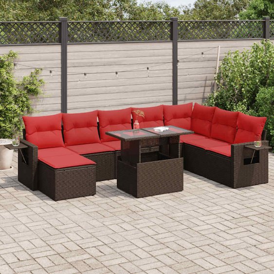 9-teiliges Gartensofa-Set mit Kissen, schwarzes Polyrattan