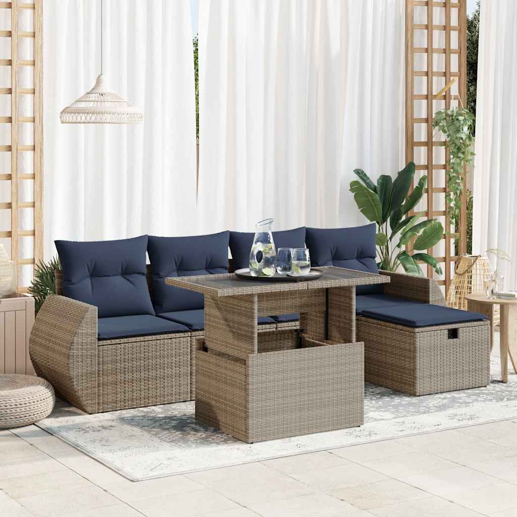 6-teiliges Gartensofa-Set mit Kissen, schwarzes Polyrattan