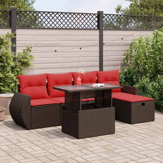 6-teiliges Gartensofa-Set mit Kissen, schwarzes Polyrattan
