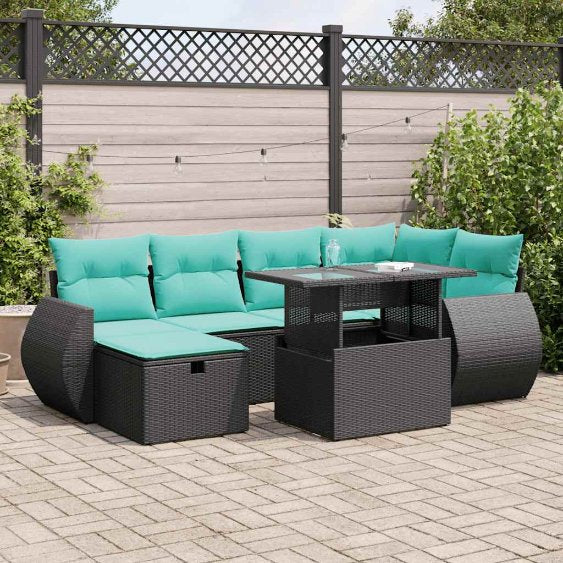 7-teiliges Gartensofa-Set mit Kissen, schwarzes Polyrattan