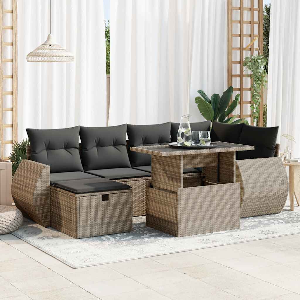 7-tlg. Garten-Sofagarnitur mit Kissen Schwarz Poly Rattan