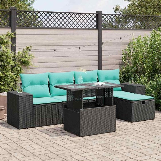 6-teiliges Gartensofa-Set mit Kissen, schwarzes Polyrattan