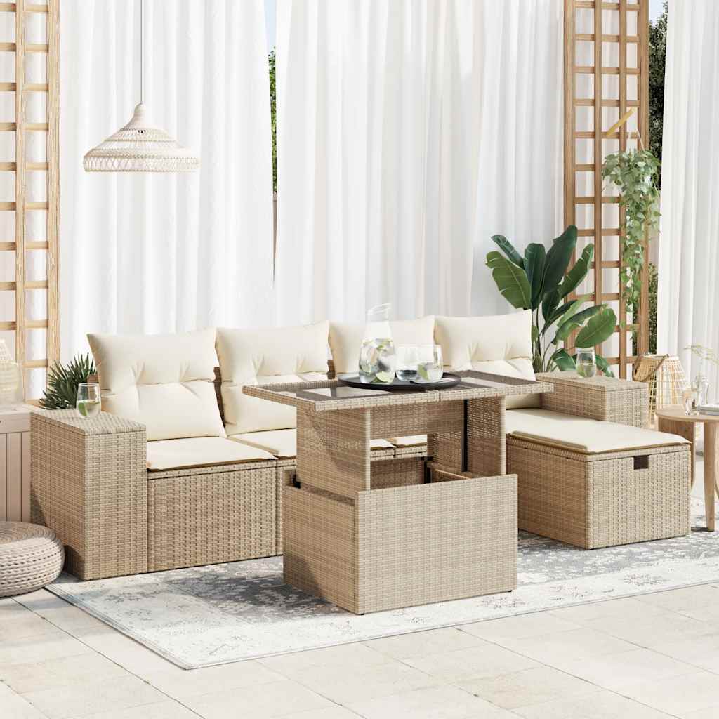 6-tlg. Garten-Sofagarnitur mit Kissen Schwarz Poly Rattan