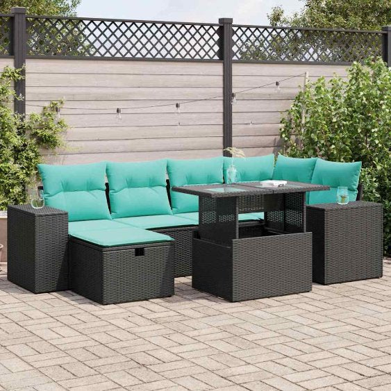 7-teiliges Gartensofa-Set mit Kissen, schwarzes Polyrattan