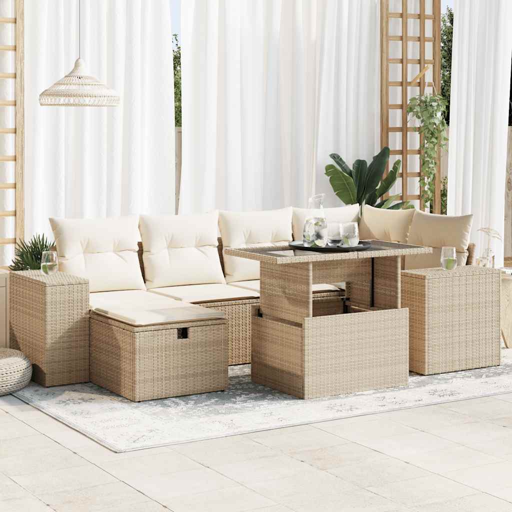 7-tlg. Garten-Sofagarnitur mit Kissen Schwarz Poly Rattan