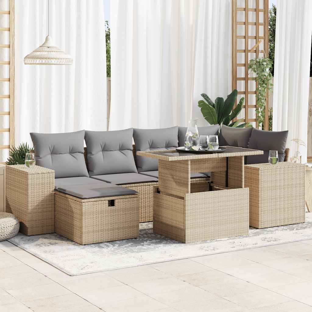 7-tlg. Garten-Sofagarnitur mit Kissen Schwarz Poly Rattan