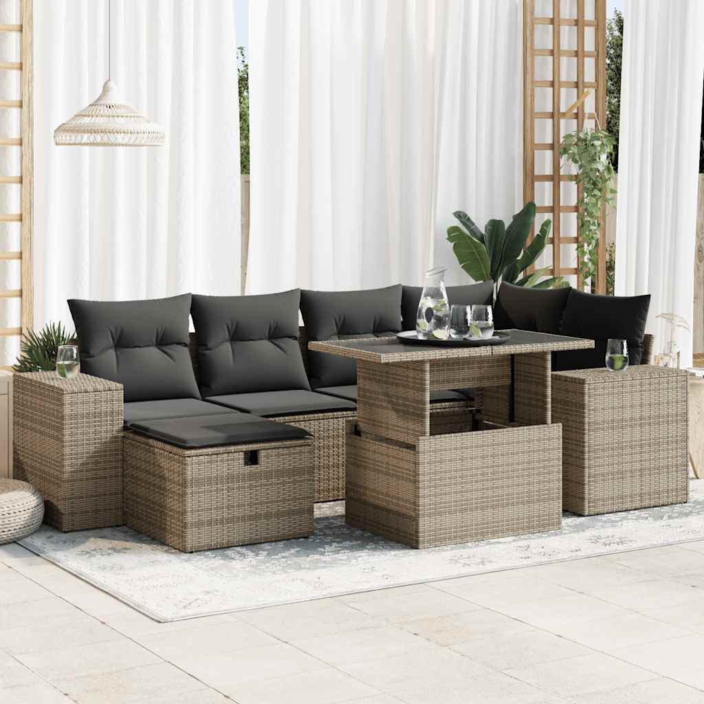 7-tlg. Garten-Sofagarnitur mit Kissen Schwarz Poly Rattan